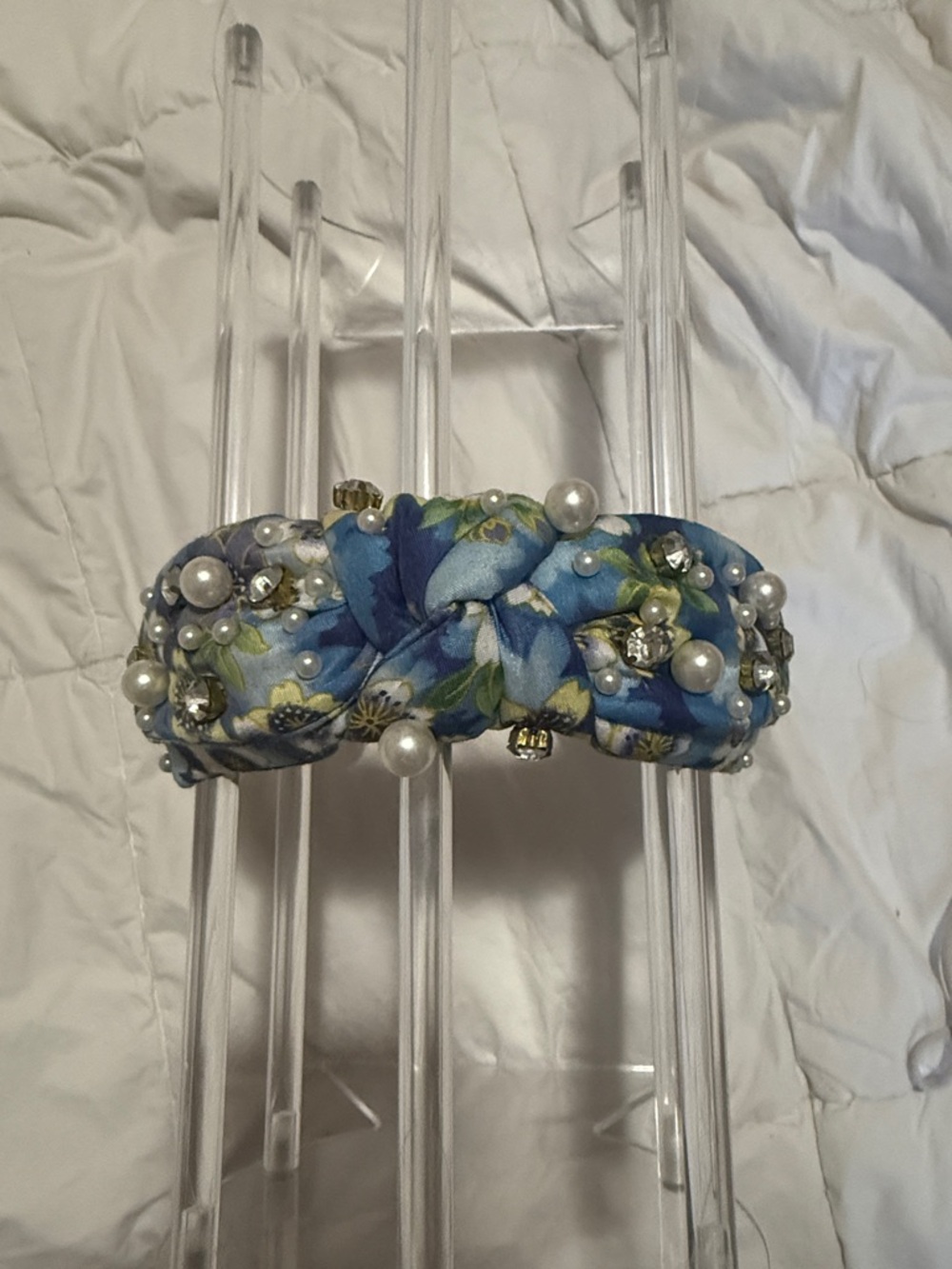Blue Floral Bejeweled Headbad